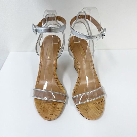 Aquazzura Silver PVC/Leather Open Toe Ankle Strap Cork Wedge Sandals Clear 37 - Picture 2 of 7